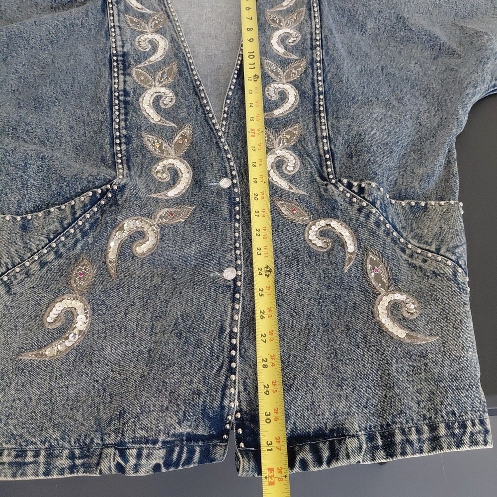 80's Bling Denim Jacket Womens Medium Acid Wash Deep V 90210 Preppy Retro Punk - Picture 15 of 16